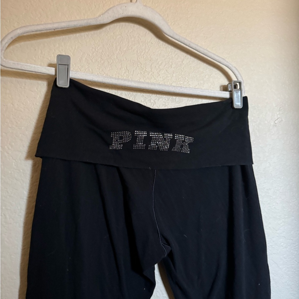 PINK Victoria's‎ Secret Rhinestone Embezzled Fold Over Flare Leggings Sz L Black